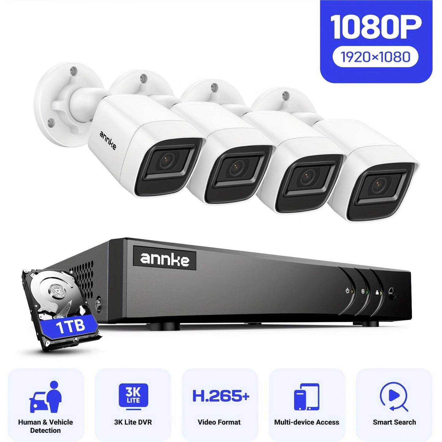 Beveiligingscamera – Camerabewaking – Security Camera – Bewakingscamera – IP Camera – 8 Kanaals Systeem – AI Mens/Voertuig Detectie – 1080P Bedrade Camera’s met Nachtzicht 19,8m