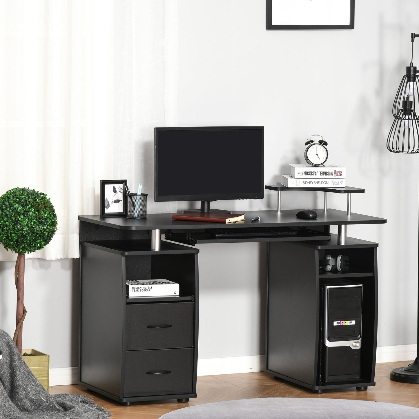Computerbureau – Bureau – Werkplek – Schrijftafel – Bureau met Opbergruimte – Zwart – 120x55x85 cm – Veelzijdige Opbergruimte – Geïntegreerd Kabelbeheer