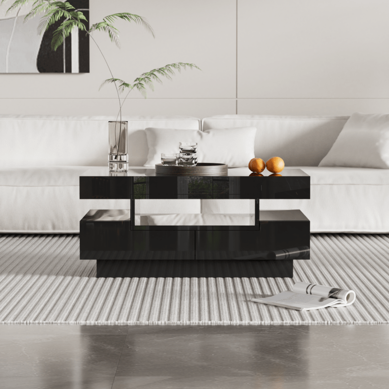 Salontafel – Koffietafel – Bijzettafel – Nachtkastje – Woonkamertafel – Hoogglans Zwart – Vier Lades & Opbergruimte – Ingebouwde Blauwe LED Sfeerlicht
