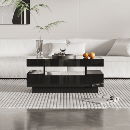Salontafel – Koffietafel – Bijzettafel – Nachtkastje – Woonkamertafel – Hoogglans Zwart – Vier Lades & Opbergruimte – Ingebouwde Blauwe LED Sfeerlicht