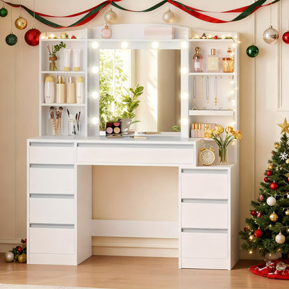 Make-up Tafel – Schminktisch – Vanity – Make-up Station – Dressing Table – RGB LED Verlichting – 100 cm Breed – 8 Laden Met Sieradenopslag