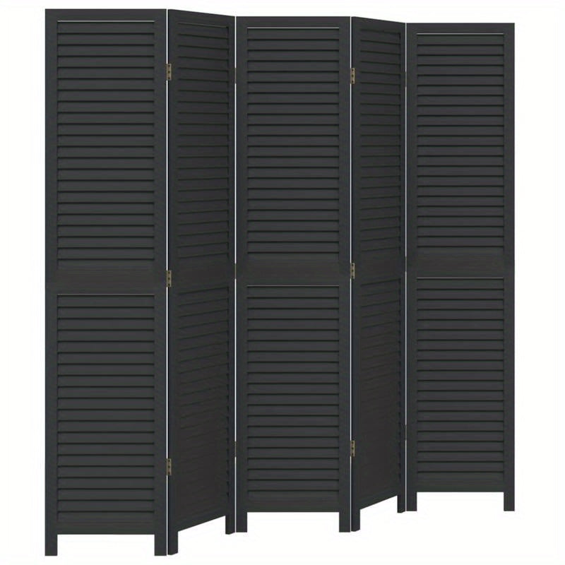 Room Divider with 5 Panels Made of Solid Paulownia Wood in Black. Attractive And Privacy-Protecting, Suitable for Offices, Bedrooms, And Living Rooms.