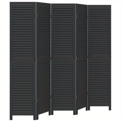 Room Divider with 5 Panels Made of Solid Paulownia Wood in Black. Attractive And Privacy-Protecting, Suitable for Offices, Bedrooms, And Living Rooms.