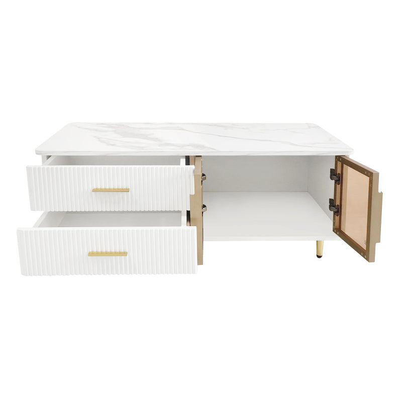 Salontafel – Koffietafel – Bijzettafel – Lounge Tafel – Woonkamertafel – Marmerprint Tafelblad – Gouden Accenten – Opberglades met Golvend Patroon – Getemperd Glas – Hoogwaardig Spaanplaat