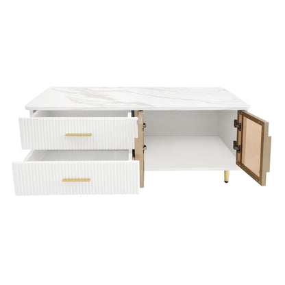 Salontafel – Koffietafel – Bijzettafel – Lounge Tafel – Woonkamertafel – Marmerprint Tafelblad – Gouden Accenten – Opberglades met Golvend Patroon – Getemperd Glas – Hoogwaardig Spaanplaat