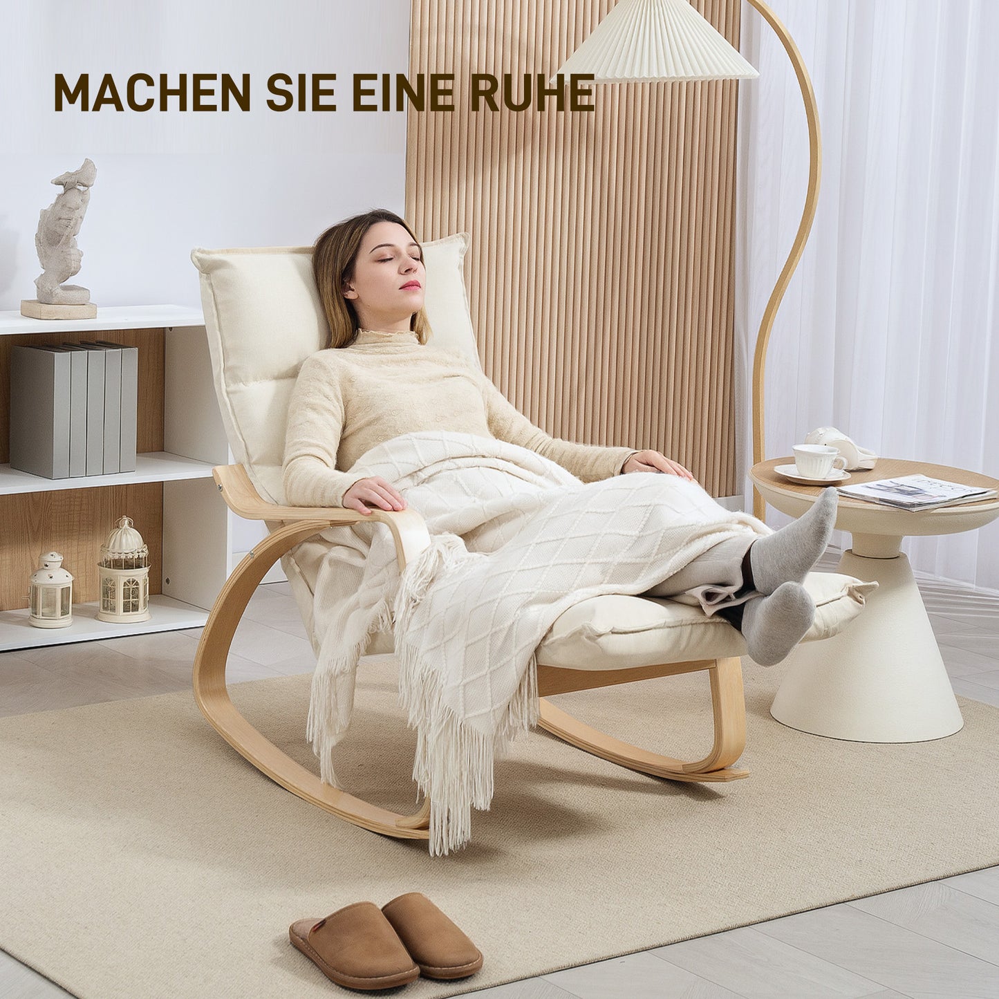 Schommelstoel – Relaxstoel – Fauteuil – Voedingsstoel – Loungestoel – Gestoffeerd – Verstelbare Voetsteun – Birkenhouten Frame – Crème Wit