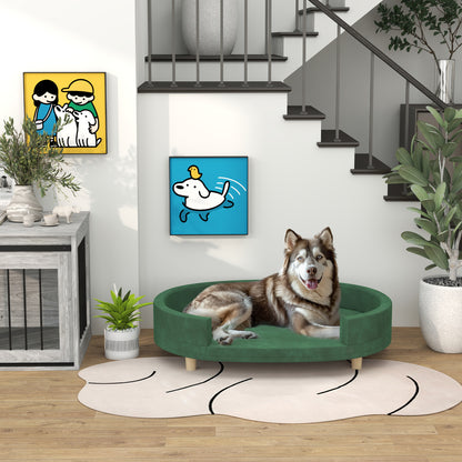 Hondenbankje – Dierenbank – Huisdierenbank – Kattenbankje – Groen – Zacht Fluwelen Bekleding – Afneembaar Wasbaar Kussen – Stevige Houten Poten – 100x70x25 cm – Geschikt Tot 30 kg