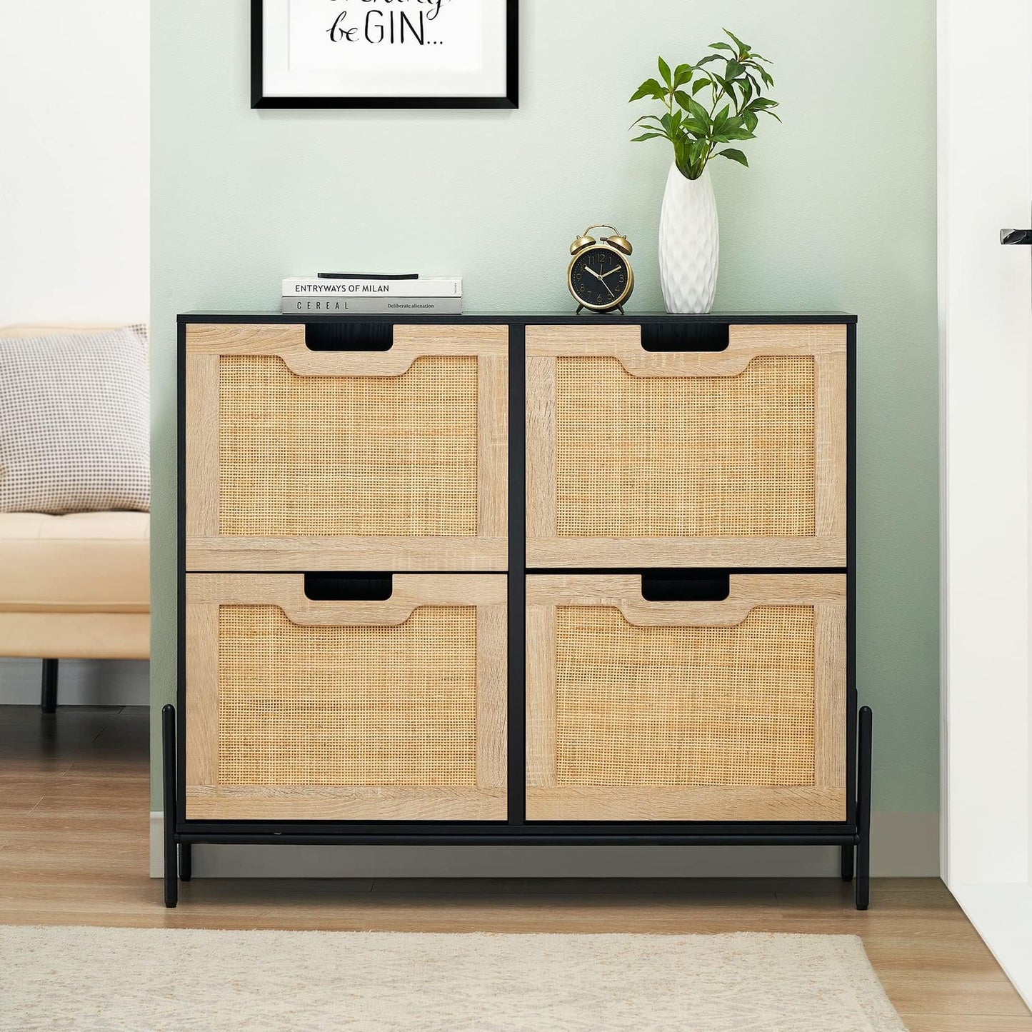 4-Door Shoe Cabinet Organizer | Holds 20 Pairs, Adjustable Shelves, Modern Hallway Storage Furniture, Spacious Storage Capacity, Flip Drawer Design, Hardwood, Floor Mount