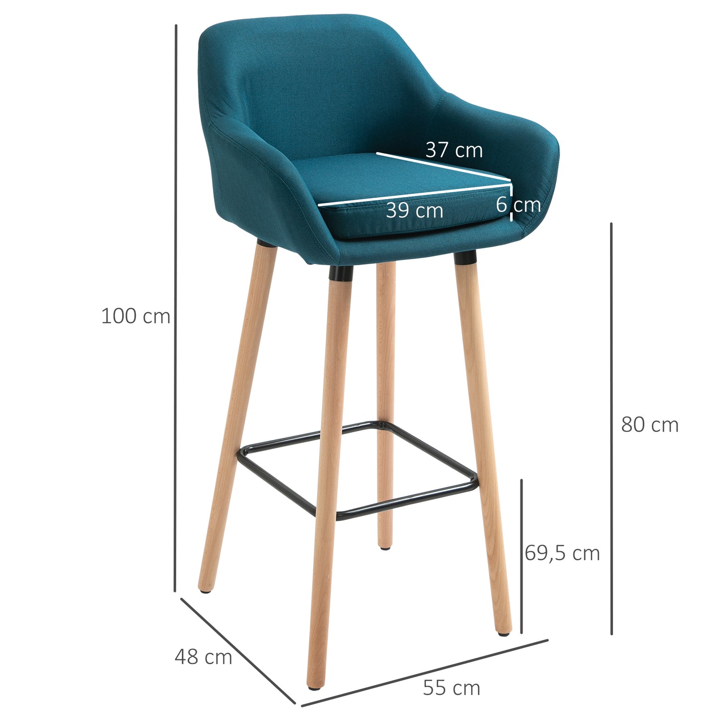Barstoel – Barkruk – Barstoelen – Keukenstoel – Barkrukken set van 2 – Scandinavisch Design – Houten Poot – Blauw Linnen – Met Voetsteun en Armleuning – Anti-Slip Pads – Robuust Metalen Frame
