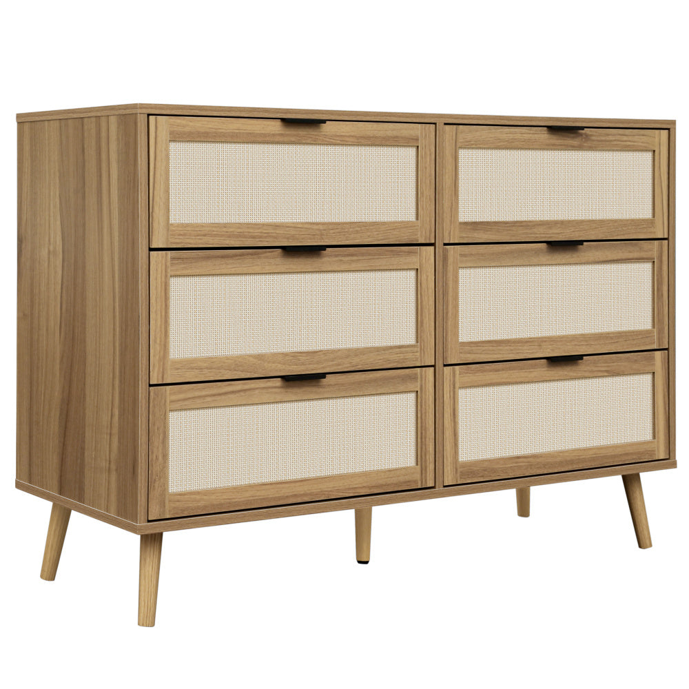 Ladekast – Ladenkast – Commode – Opbergkast – Dressoir – Walnootkleur – Rattan Ladefronten – 6 Lades – Stevige Dennenhouten Poten – 118,5 cm Breed