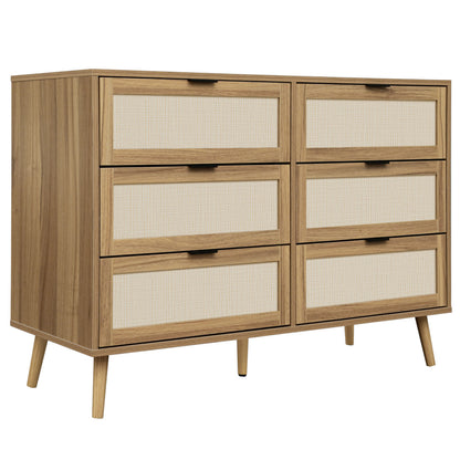 Ladekast – Ladenkast – Commode – Opbergkast – Dressoir – Walnootkleur – Rattan Ladefronten – 6 Lades – Stevige Dennenhouten Poten – 118,5 cm Breed