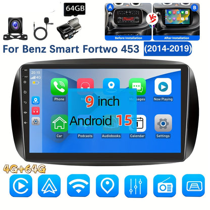 9 inch Autostereo – 2-DIN Radio – Head Unit – Multimedia Systeem – Touchscreen Navigatie – 4GB RAM + 64GB Opslag – Draadloos Android Auto – HD Scherm Met Camera Voor Benz Smart Fortwo 453 (2014-2019)