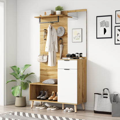 Kledingkast – Garderobekast – Opbergkast – Draaideurkast – Schoenenkast – Hout – Spiegel – Schoenenbank – 190 cm Hoog – Hydraulische Scharnieren – Multifunctioneel Design