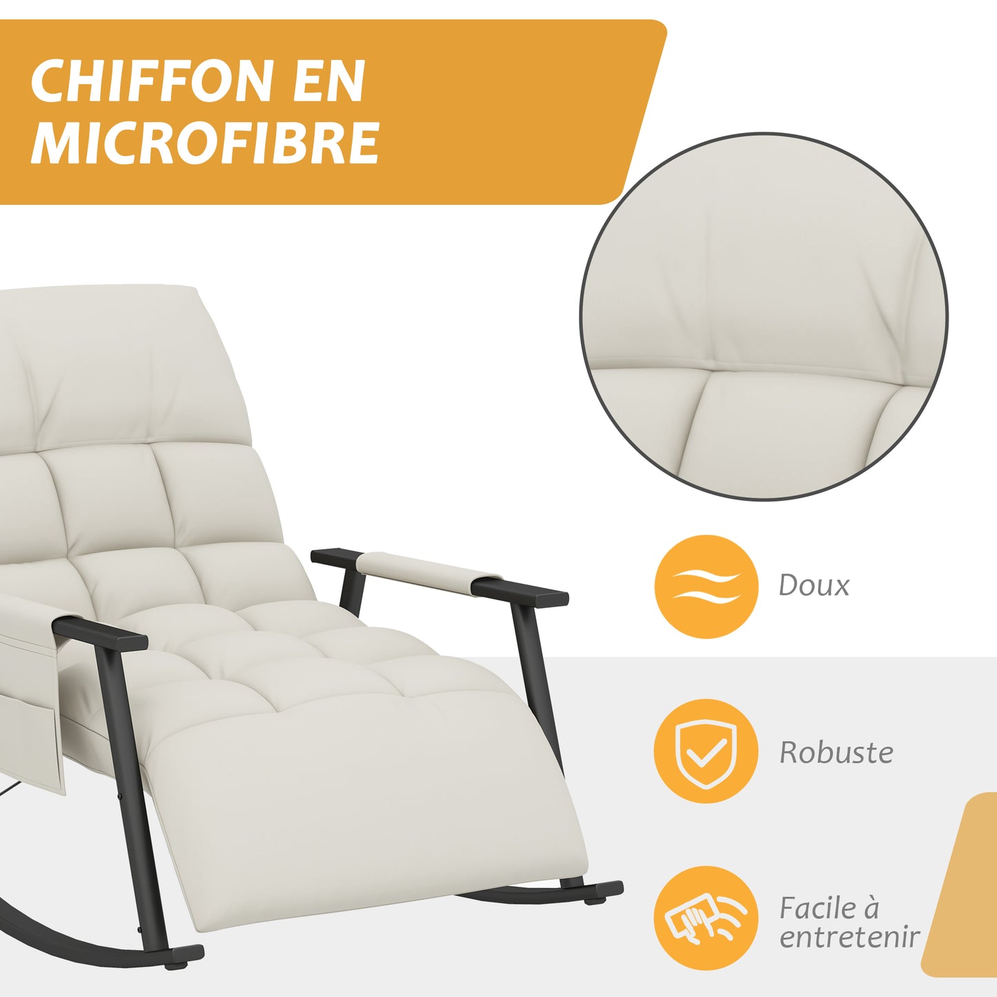 Schommelstoel – Relaxstoel – Voedingsstoel – Zitzakstoel – Lounge Stoel – Verstelbare Rugleuning – Verstelbare Voetsteun – Zacht Microfiber – Stalen Frame – Crèmekleur