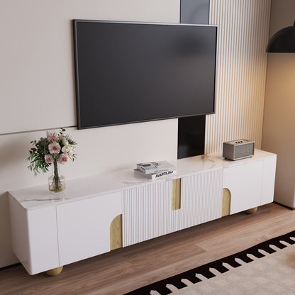 Tv Meubel – TV Kast – Televisiekast – TV Dressoir – TV Meubels – 180 cm Breed – Wit Met Marmerlook Blad – 4 Deuren – Stevige Bolvormige Houten Poten