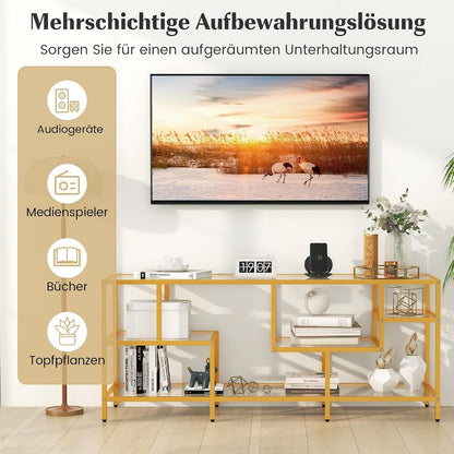 TV-meubel – TV-kast – Televisiemeubel – TV-standaard – Tv-dressoir – Met Gehard Glas – Stevige Metalen Constructie – Geschikt Voor TV’s Tot 65 Inch – Gouden Kleur – 147x40x62 cm