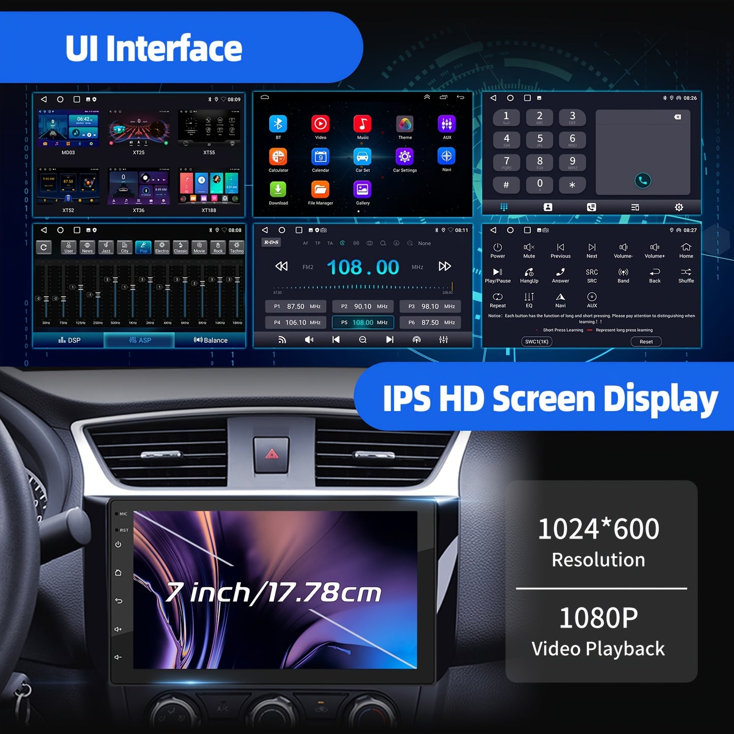 Autoradio – Autostereo – 2 DIN Radio – Multimedia Speler – Android Auto – 7 Inch IPS Touchscreen – Android 14 Quad-Core – Inclusief Dashcam & Achteruitrijcamera