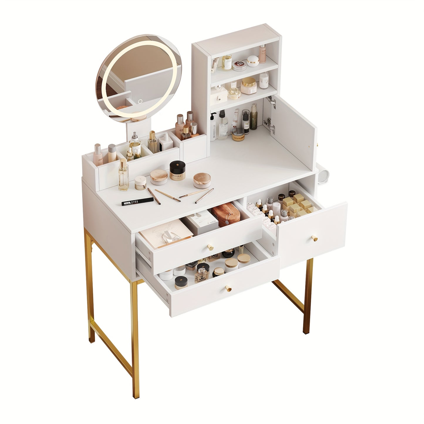 Large Freestanding Dressing Table with Mirror, 3-Drawer Storage & Door Cabinet - Vanity Desk Suitable for, Assembly, Space-Saving, Non-Wood Material (Tabletop Storage, Compact for Small Spaces)