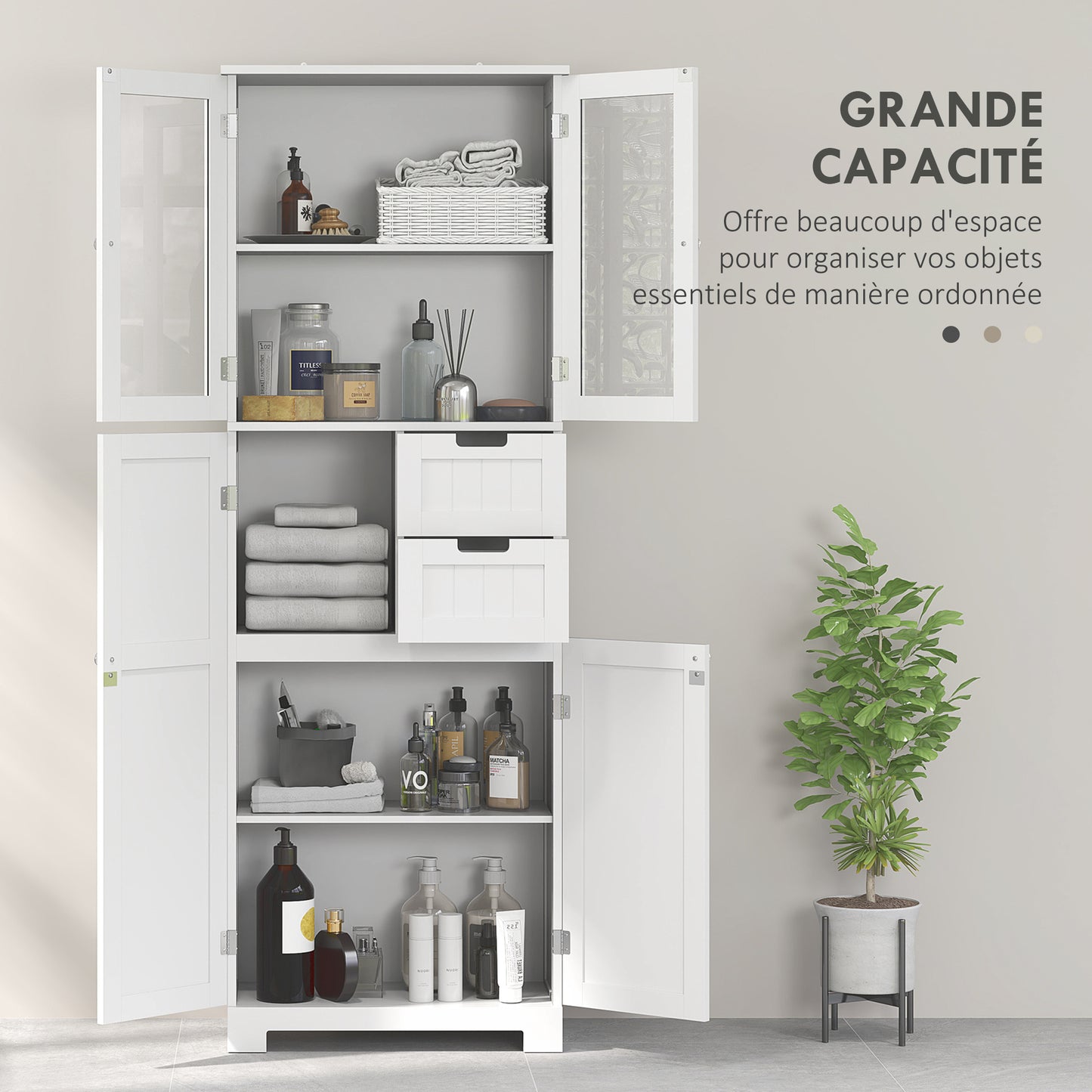 Badkamerkast – Badkamerkolom – Opbergkast – Bergkast – Kast Met Glazen Deuren – Wit – 60x30x170 cm – Verstelbare Planken – Inclusief Lades