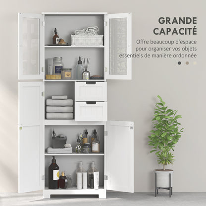Badkamerkast – Badkamerkolom – Opbergkast – Bergkast – Kast Met Glazen Deuren – Wit – 60x30x170 cm – Verstelbare Planken – Inclusief Lades