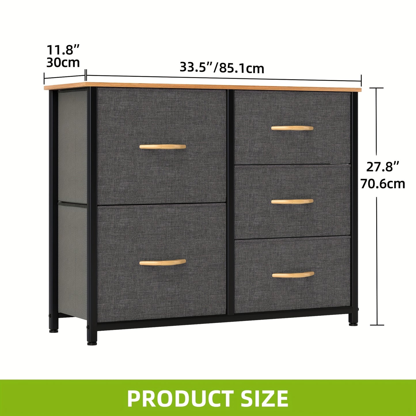 Ladekast – Dressoir – Opbergkast – Commode – Kast – Met 5 Stoffen Laden – Stabiel Metalen Frame & Houten Blad – Modern Donkergrijs