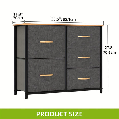 Ladekast – Dressoir – Opbergkast – Commode – Kast – Met 5 Stoffen Laden – Stabiel Metalen Frame & Houten Blad – Modern Donkergrijs