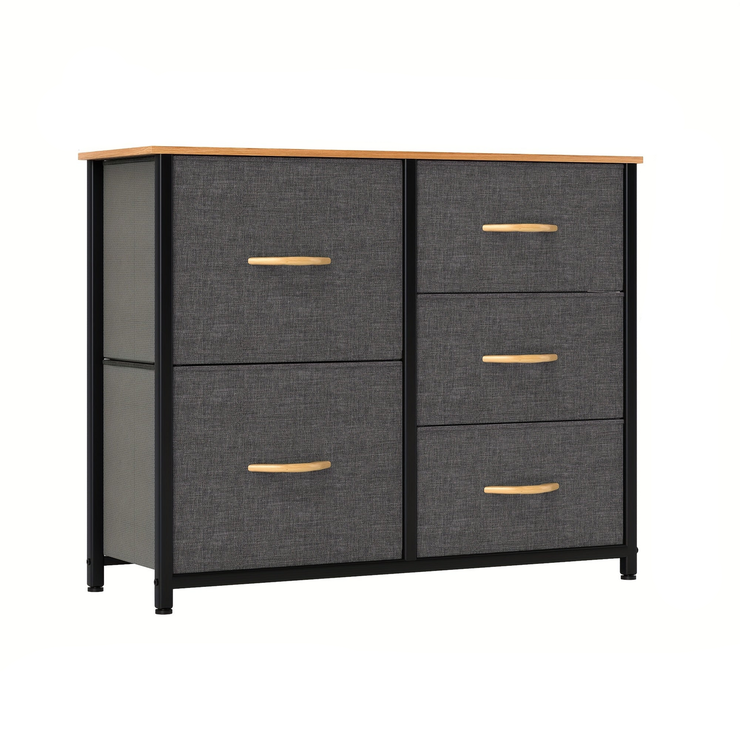 Ladekast – Dressoir – Opbergkast – Commode – Kast – Met 5 Stoffen Laden – Stabiel Metalen Frame & Houten Blad – Modern Donkergrijs
