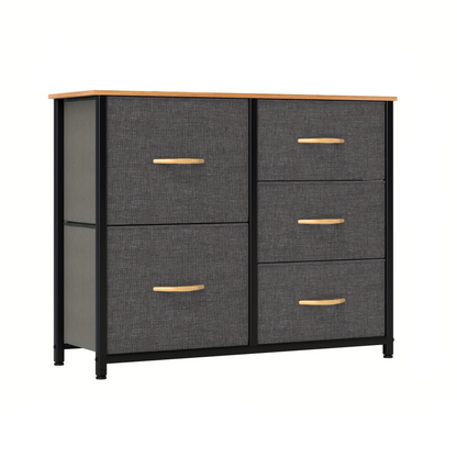 Ladekast – Dressoir – Opbergkast – Commode – Kast – Met 5 Stoffen Laden – Stabiel Metalen Frame & Houten Blad – Modern Donkergrijs