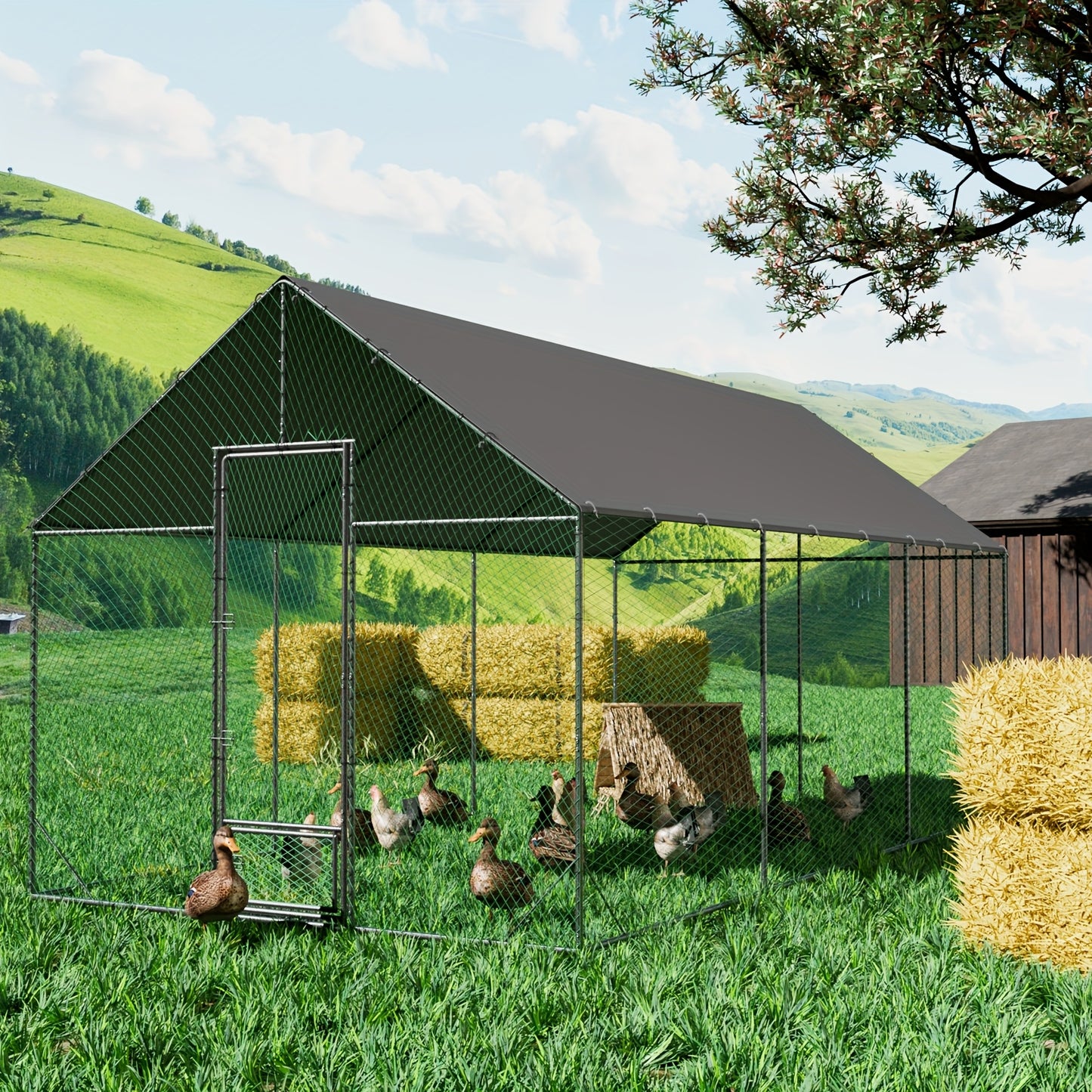 Buitenren met Kippenhok – Kippenren – Konijnenhok – Vogelren – Dierenren – Gegalvaniseerd Staal – UV- en Waterbestendig Zonnescherm – Variant L
