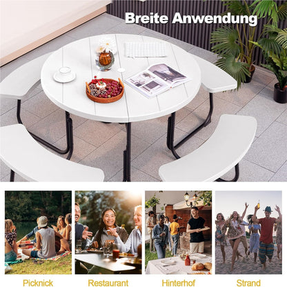 Picknicktafel – Tuinset – Terrasmeubilair – Buitenmeubel – Tuintafel Met Bankjes – Wit – 8-Persoons – Rond Met HDPE Blad En Parasolhouder