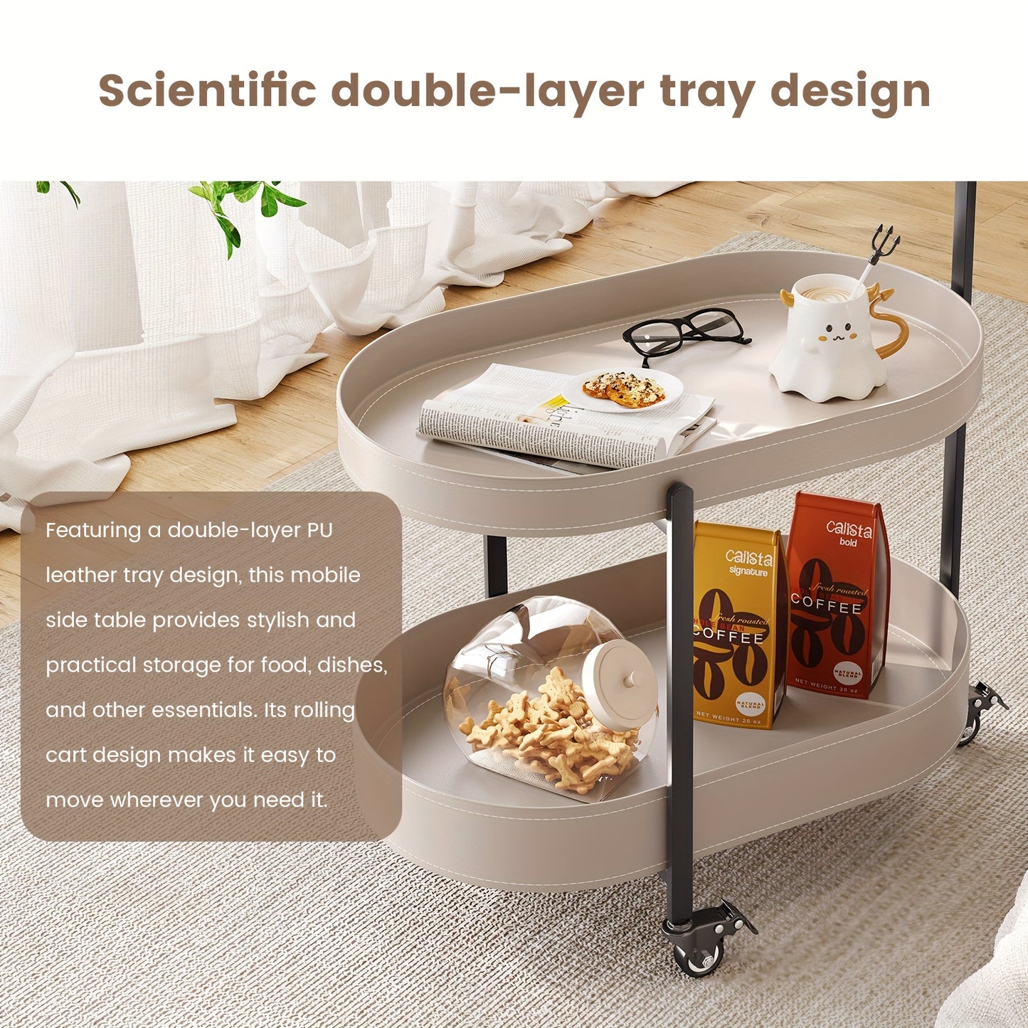 Opbergwagen – Trolley – Keukentrolley – Serveerwagen – Opbergtrolley – Dubbele Laag – Mobiel met 4 Wielen – Duurzaam Kunststof – Modern Design