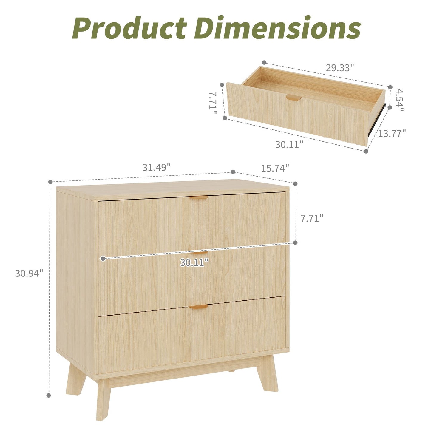 Modern Oak Wood Dresser with 3-Drawer Storage - Natural Oak Finish & Metal Handles, Tall Cabinet Suitable for Bedroom, Living Room, Hallway - Assembly Required, Furniture