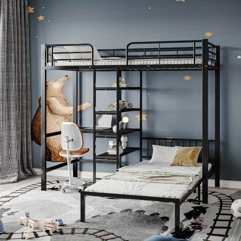 Stapelbed – Etagebed – Kinderbed – Hoogslaper – Kinderstapelbed – Met Bureau en Opbergruimte – Metalen Frame – 90x200 cm – Veiligheidshekken – Ladder – Zwart