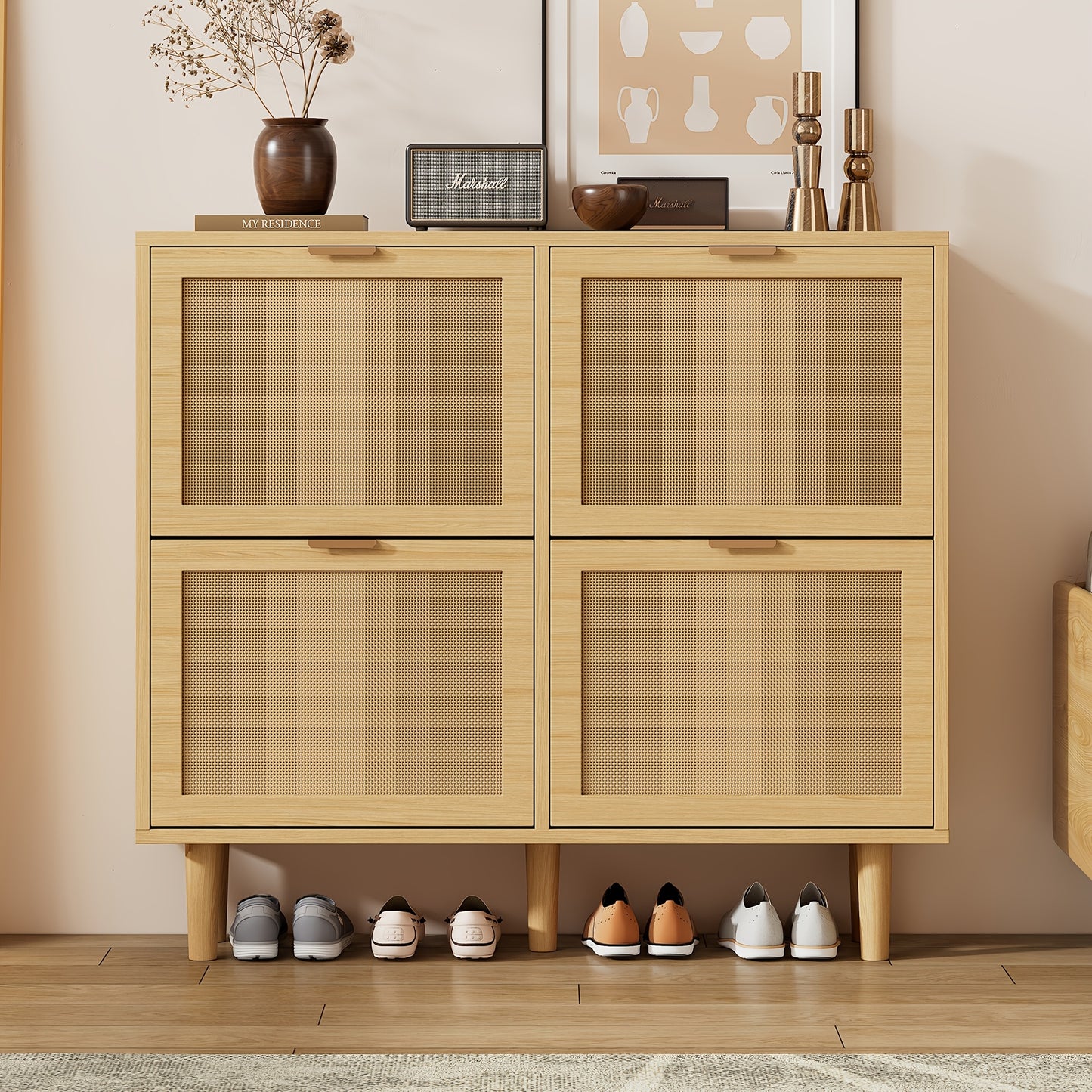 4-Drawer Shoe Cabinet with Folding Drawers - Modern Rattan Shoe with Metal Handles, Beige/Brown Wicker Shoe Rack Organizer with Top Door-Free Access Drawer for Hallway, Bedroom, Home - Space-Saving Shoe Cabinet (100x25x90cm)