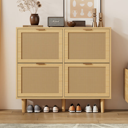 4-Drawer Shoe Cabinet with Folding Drawers - Modern Rattan Shoe with Metal Handles, Beige/Brown Wicker Shoe Rack Organizer with Top Door-Free Access Drawer for Hallway, Bedroom, Home - Space-Saving Shoe Cabinet (100x25x90cm)
