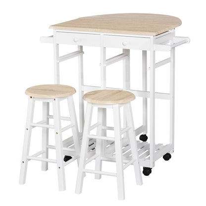 Bar Tafel Set – Barkrukset – Serveertafel – Bar Meubel – Keukentafel – Met Wielen En Opbergruimte – Pine MDF Wit Eiken – Compact En Mobiel