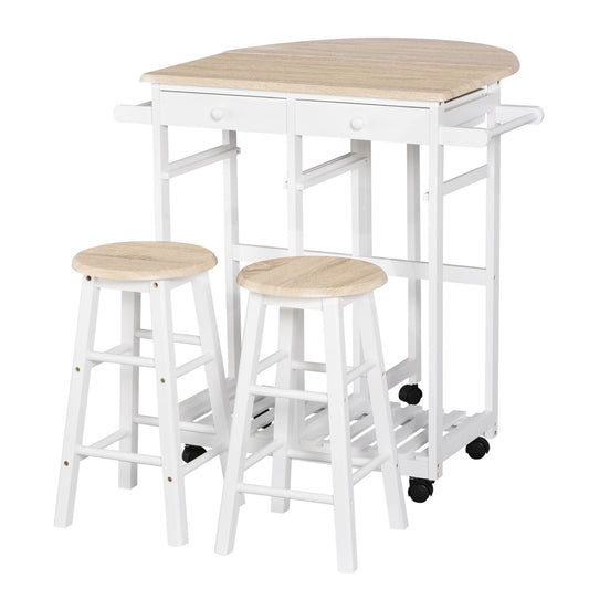 Bar Tafel Set – Barkrukset – Serveertafel – Bar Meubel – Keukentafel – Met Wielen En Opbergruimte – Pine MDF Wit Eiken – Compact En Mobiel