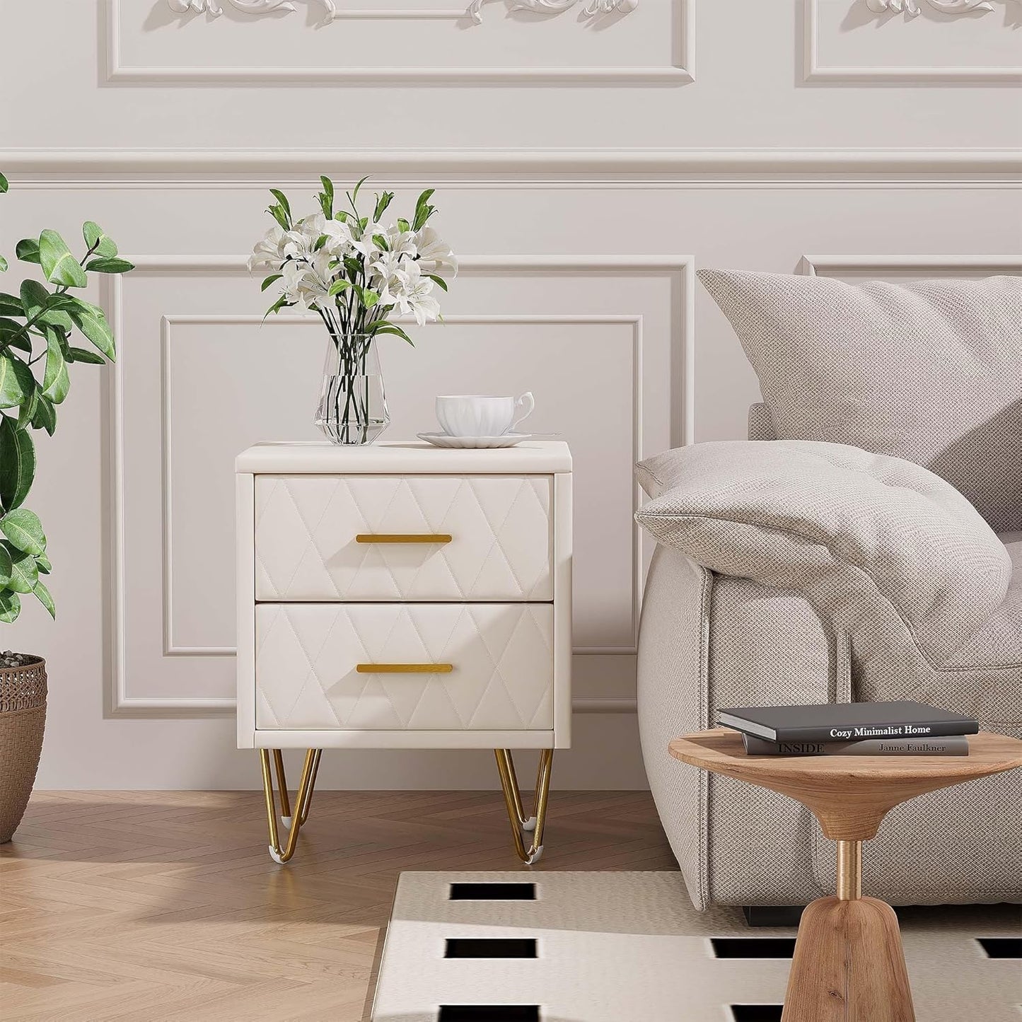 Nachtkastje – Bijzettafel – Bedtafel – Opbergkastje – Set Van 2 – Beige Met Gouden Metalen Poten – 2 Ruime Lades – Compact 41x36x51 cm