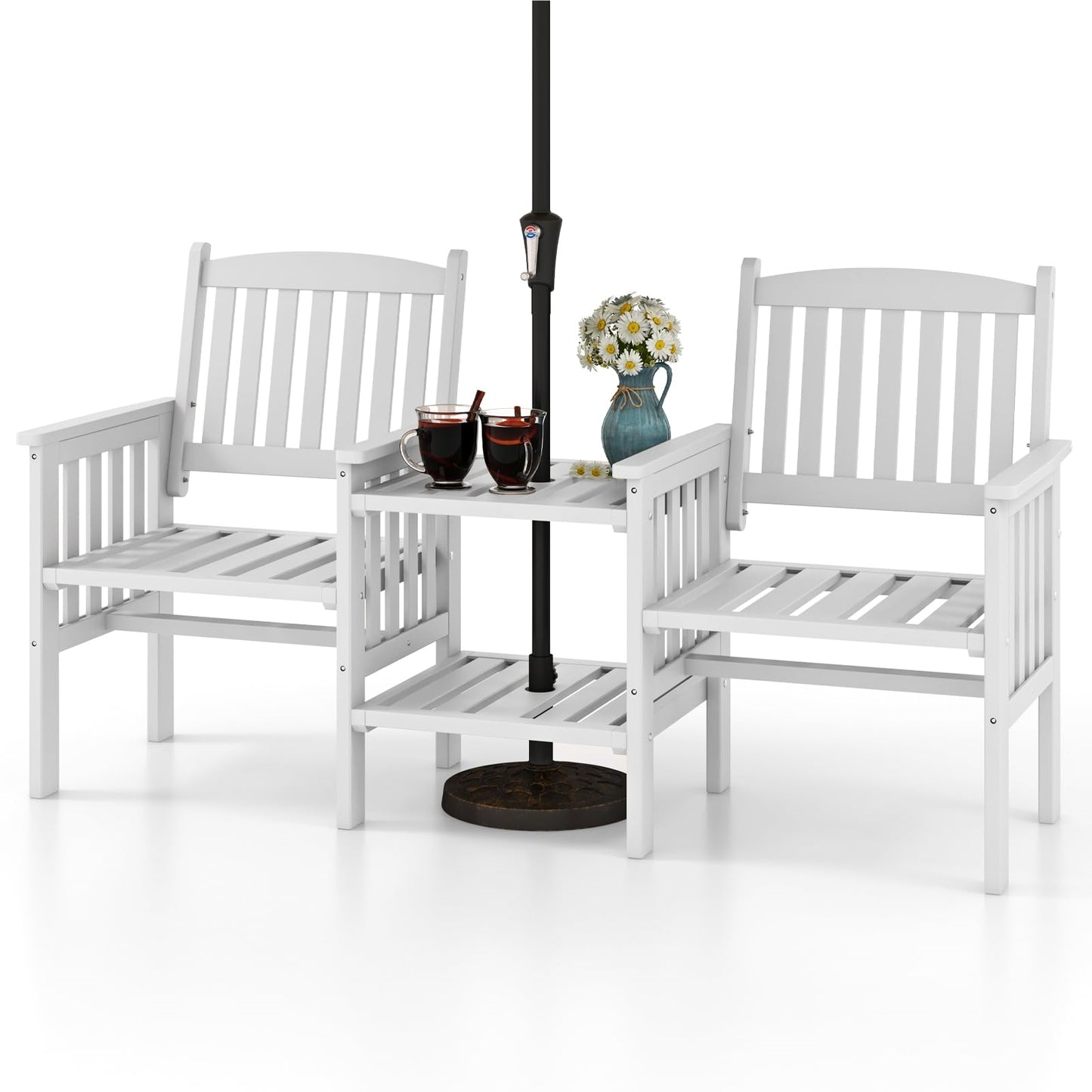 Tuinbank – Buitenbank – Terrasbank – Balkonbank – Picknickbank – Houten 2-Zits Bank Met Tafel – Parasolhouder – 165 x 60 x 88 cm – Massief Grenenhout – Draagvermogen 330 kg – Wit