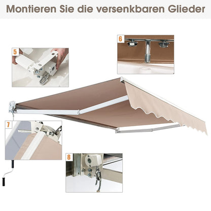 Uitvalzonwering – Knikarmzonwering – Terraszonwering – Balkonzonwering – Handbediende Zonnescherm – 300x250 cm – Aluminium Frame & Verstelbare 40-100° Hoek – Water- en UV-bestendig Khanaki Doek