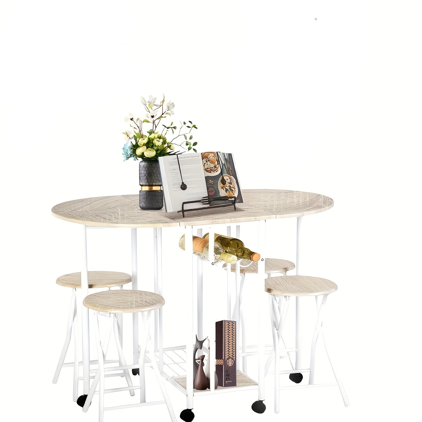 Eettafelset – Eettafel Meubelset – Eethoek – Keukentafelset – Zitgroep – Inklapbare Tafel Met Opbergruimte – Massief Hout & Metaal – Compact Rond/Rechthoekig – Wit & Natuurlijke Houtkleur – Modern Design – Stevig & Ruimtebesparend