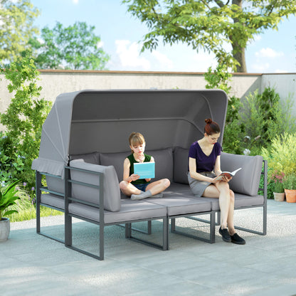 4-delige Modular Tuinmeubelset – Tuinbank – Tuinstoelen – Loungeset – Balkonmeubels – Grijs – Met Zonneluifel – Veilig Gehard Glas Tafelblad