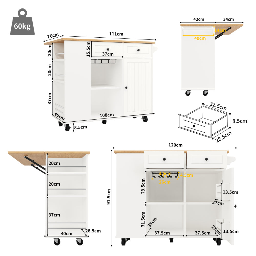 White Mobile Kitchen Island Cart with Removable Shelves, Worktop & Towel Rack - Heavy-Duty Metal Frame on Wheels, White Mobile with Wine Glass Holder, Snack Rack & Lower Cabinets for Small Spaces, Easy Assembly (No Wood)