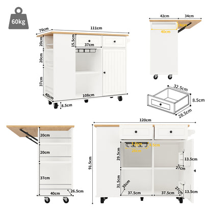 White Mobile Kitchen Island Cart with Removable Shelves, Worktop & Towel Rack - Heavy-Duty Metal Frame on Wheels, White Mobile with Wine Glass Holder, Snack Rack & Lower Cabinets for Small Spaces, Easy Assembly (No Wood)