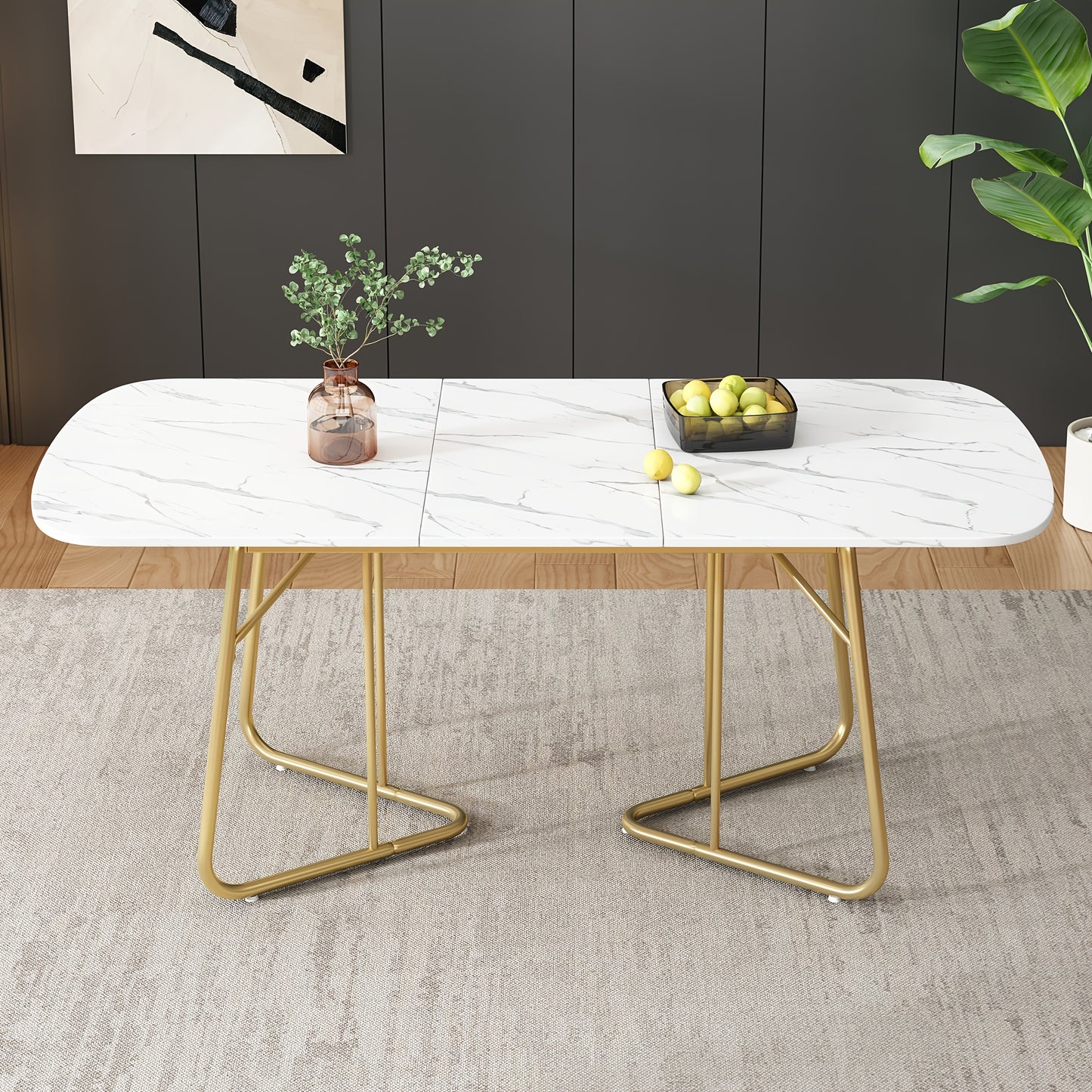 Uitklapbare Eettafel – Uitschuifbare Tafel – Inklapbare Eettafel – Klaptafel – Verlengbare Eettafel – Wit Marmerlook – Goudkleurige Metalen Poot – Geschikt Voor 4-6 Personen