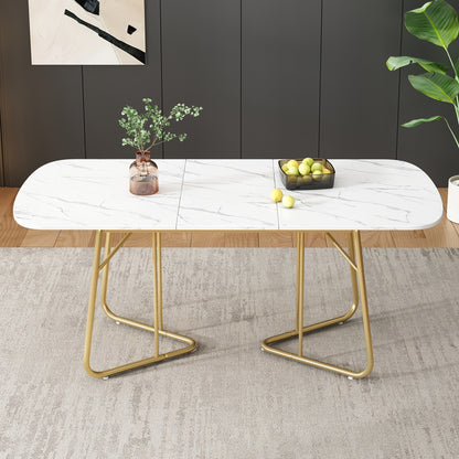 Uitklapbare Eettafel – Uitschuifbare Tafel – Inklapbare Eettafel – Klaptafel – Verlengbare Eettafel – Wit Marmerlook – Goudkleurige Metalen Poot – Geschikt Voor 4-6 Personen