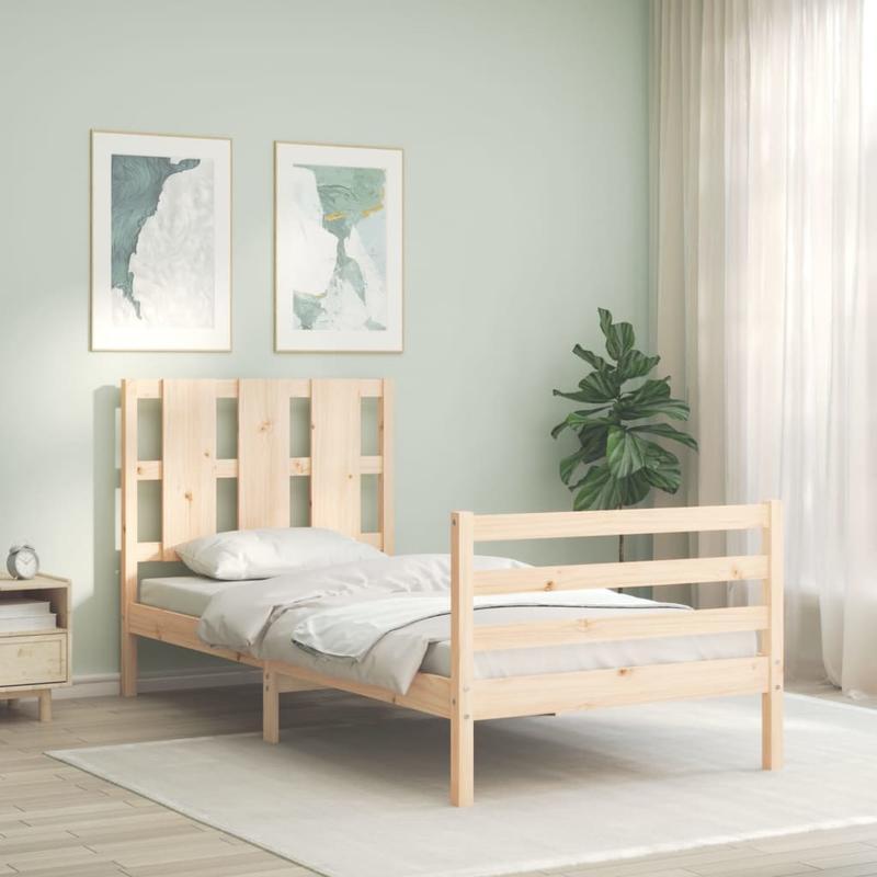 Single-Size Contemporary Wooden Bed Frame with Headboard - Solid & Removable Durable Wood, Easy Assembly, No Power Needed for Small Spaces, Bedroom Furniture, Minimalist Design, Natural Wood Finish