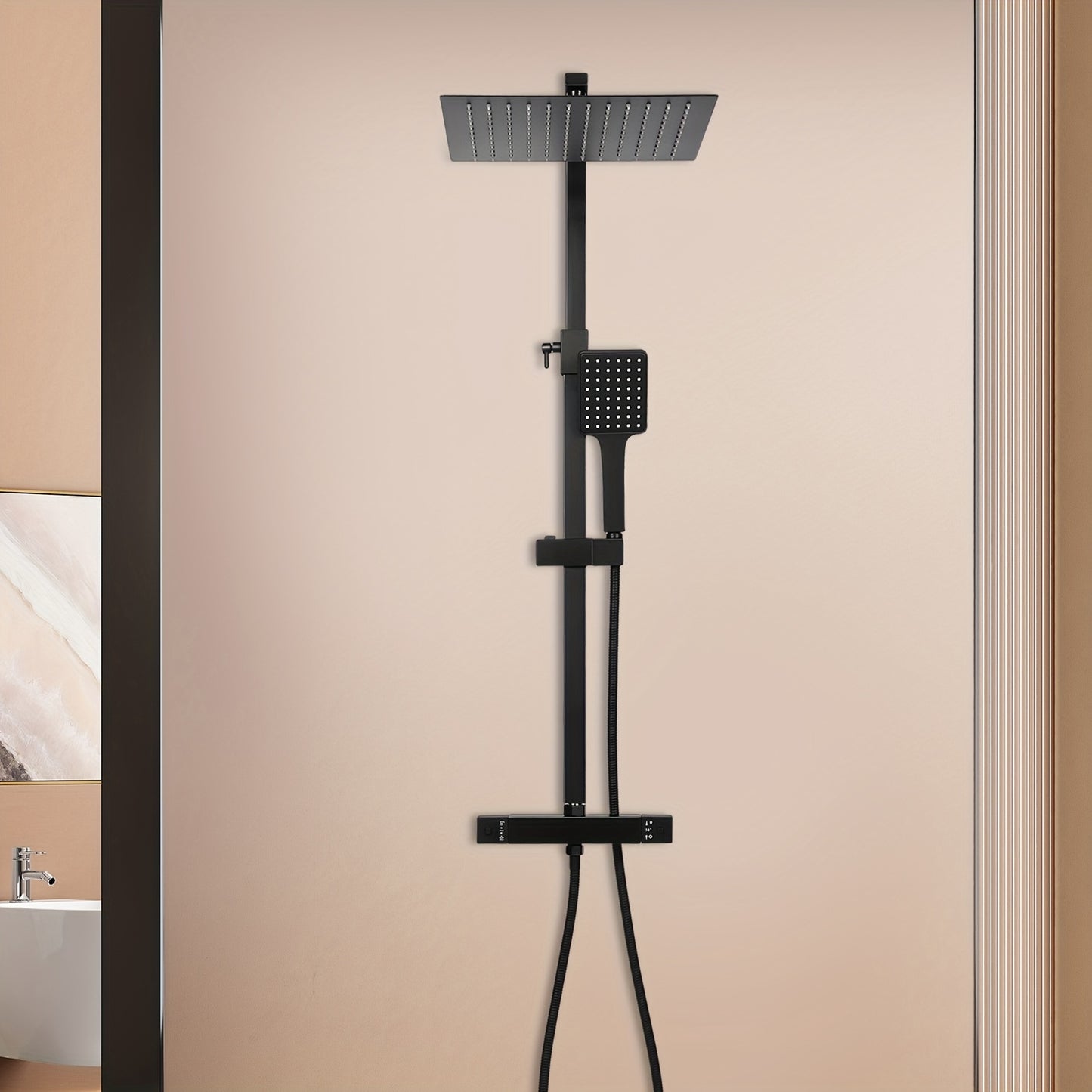 Regendouche – Douchesysteem – Douchekop – Doucheset – Douchekraan – Vierkante 30x30 cm Hoofddouche – Thermostaat Met Veiligheidsstop 38°C – RVS Matzwarte Afwerking