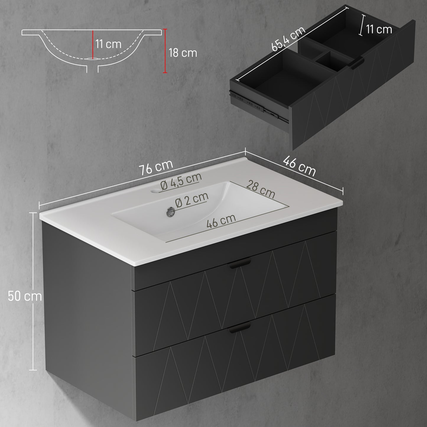 Badkamerkast Wandmeubel – Wastafelmeubel – Badkamermeubel – Opbergkast – Met Keramische Waskom – Zwart Mat – Soft-Close Lades – Ruimtebesparend Design – 76x46x50 cm