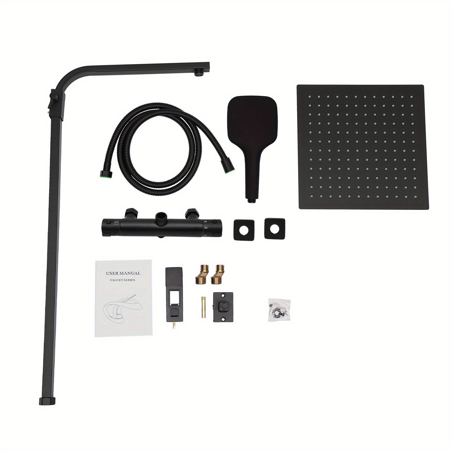 TOOL1SHOOO Black Shower System 3-Mode Handheld Shower Head 360° Rotatable Overhead Shower Head Thermostatic Control Adjustable Track Height Spring Hose 149.35 cm Modern Bathroom